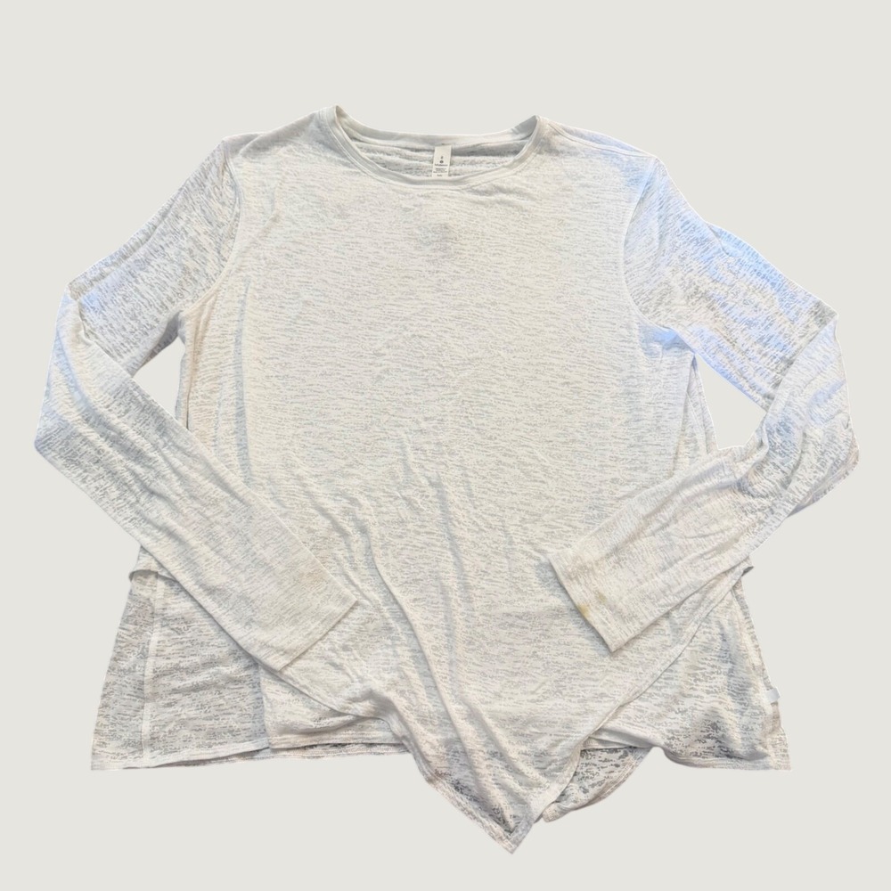 Lululemon White Burnout Long Sleeve Wrap Hem Top Size 8 Asymmetrical Crew Neck